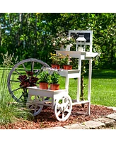 3-Tiered Flower Cart Display Stand with Wheels - Flower Display Stand or Planter - Wooden Cart with Chalkboard - White