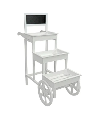 3-Tiered Flower Cart Display Stand with Wheels - Flower Display Stand or Planter - Wooden Cart with Chalkboard - White