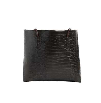 Women's Black Textured Leather Tote Bag Set