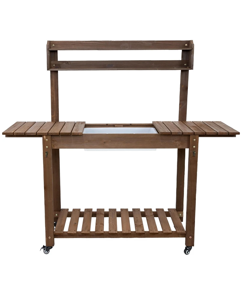 Wheeled Garden Potting Bench with Sink - Outdoor Potting Table - Garden Table with Planting Station and Hooks - Brown