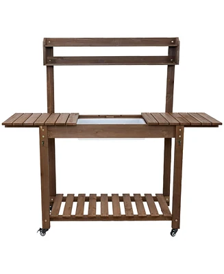 Wheeled Garden Potting Bench with Sink - Outdoor Potting Table - Garden Table with Planting Station and Hooks - Brown