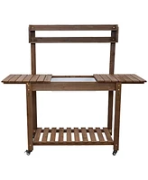 Wheeled Garden Potting Bench with Sink - Outdoor Potting Table - Garden Table with Planting Station and Hooks - Brown