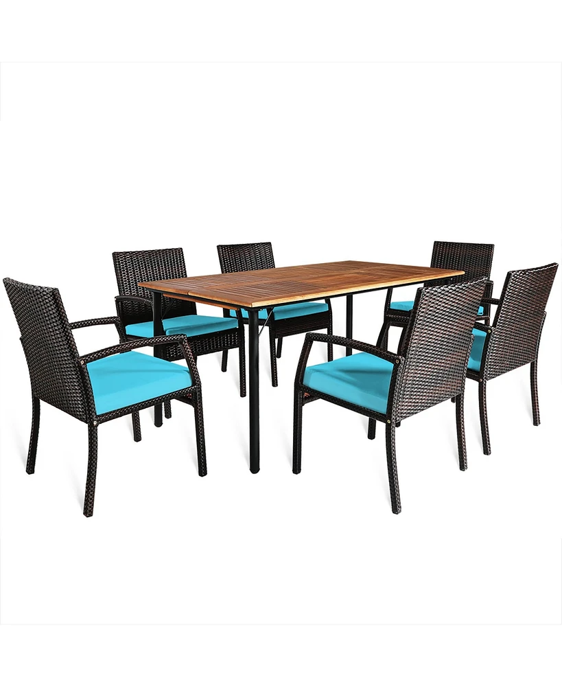 Gymax 7PCS Patio Dining Furniture Set Yard w/ Wooden Tabletop Turquoise Cushions