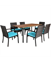 Gymax 7PCS Patio Dining Furniture Set Yard w/ Wooden Tabletop Turquoise Cushions
