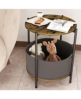 2-Piece Round Side Table Nightstnad with Fabric Basket and Wood Top for Living Room, Bedroom