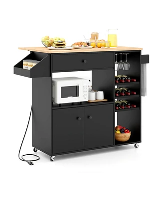 Drop Leaf Mobile Kitchen Island Cart with Power Outlet and Adjustable Shelf