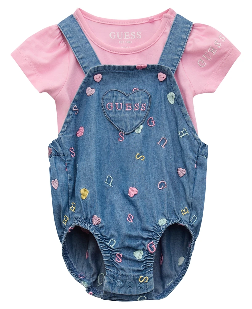 Guess Baby Girls 2-Piece Short Sleeve Bodysuit and Embroidered Overall Set
