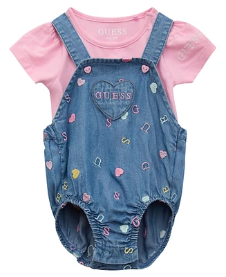 Guess Baby Girls 2-Piece Short Sleeve Bodysuit and Embroidered Overall Set
