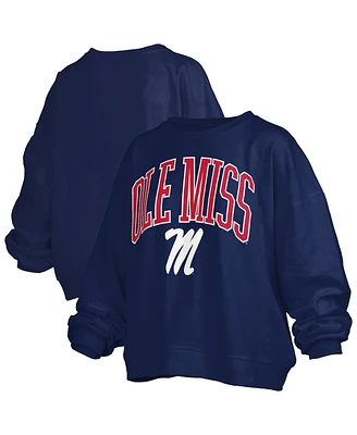 Pressbox Women's Navy Ole Miss Rebels Janise Arch Over Logo Waist Length Oversized Pullover Sweatshirt