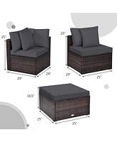Gymax 4PCS Rattan Patio Conversation Furniture Set Yard Outdoor w/ Grey Cushion