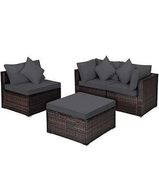 Gymax 4PCS Rattan Patio Conversation Furniture Set Yard Outdoor w/ Grey Cushion