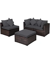 Gymax 4PCS Rattan Patio Conversation Furniture Set Yard Outdoor w/ Grey Cushion