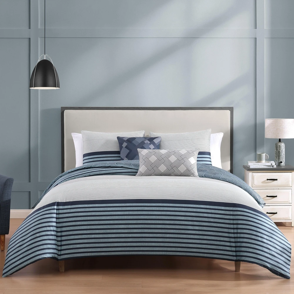 Bebejan Blue Geo Lines Bedding 100% Cotton Sateen 5 Piece Queen Size Reversible Comforter Set