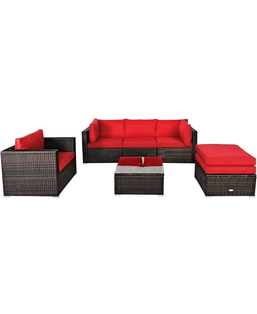 Gymax 6PCS Patio Conversation Set Rattan Sectional Furniture Set w/ Red Cushions