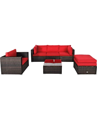 Gymax 6PCS Patio Conversation Set Rattan Sectional Furniture Set w/ Red Cushions