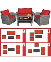 Gymax 4PCS Patio Rattan Conversation Set Outdoor Furniture Set w/ Red Cushions