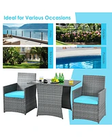 Gymax 3PCS Outdoor Rattan Conversation Set Patio Dining Table Set w/ Turquoise Cushions