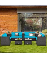 Gymax 8PCS Cushioned Rattan Patio Conversation Set w/ Side Table Turquoise Cushion