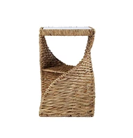 Square End Table with Rattan Swirl Design and Glass Top for Indoor Spaces