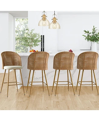 Set of 4 Rattan Back Bar Stools, 29" Beige Upholstered Bar Height Chairs with Woven Cane Back-Maison Boucle