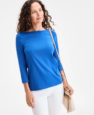 Style & Co Women's Pima Cotton 3/4-Sleeve Boat-Neck Top, Regular Petite, Created for Macy's