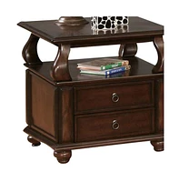 Sturdy Solid Wood Square End Table with Two Drawers and Open Shelf