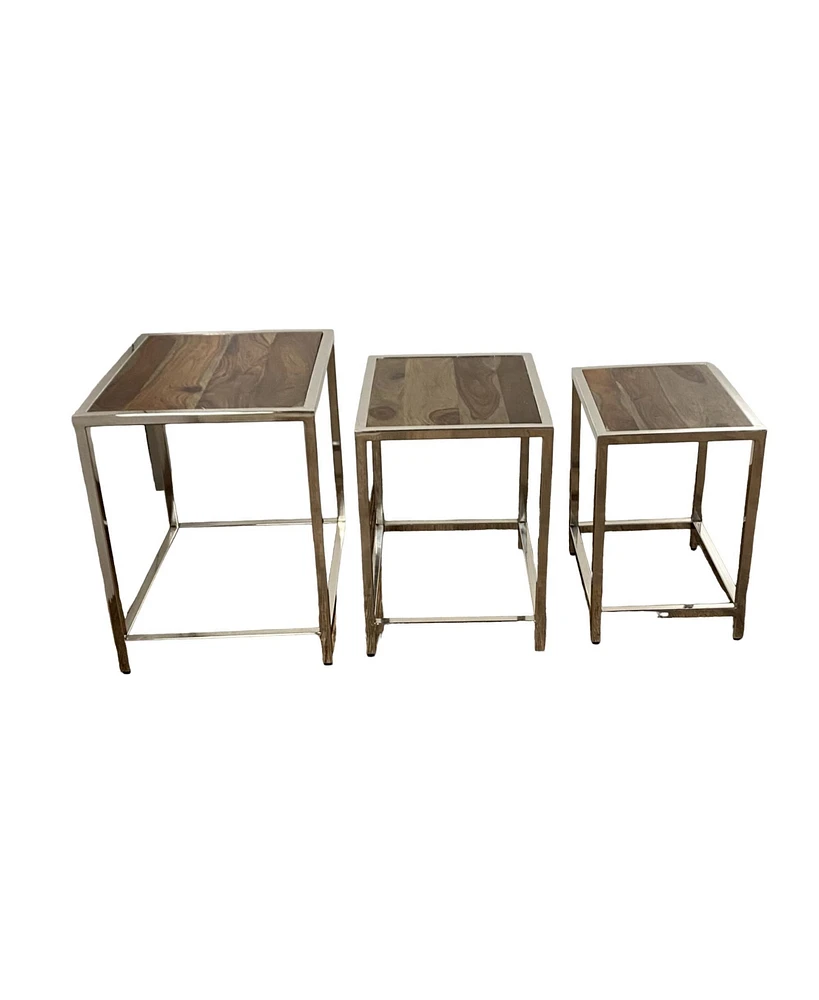 Set of Three 21" Silver And Brown Solid Wood Nested Tables