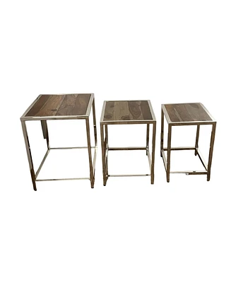 Set of Three 21" Silver And Brown Solid Wood Nested Tables
