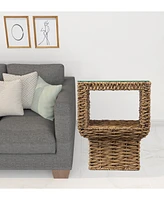 Square End Table with Glass Top and Rattan Wicker Base for Indoor Use