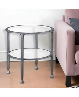 24" Silver And Clear Glass And Distressed Iron Round End Table With Shelf