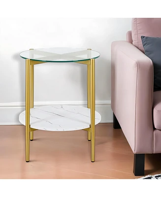 Sleek Glass and Steel Round End Table with Bottom Shelf – Perfect for Storage and Display