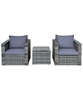 3 Pcs Patio Rattan Furniture Bistro Set Cushioned Sofa Chair Glass Table Garden