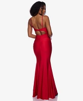 B Darlin Juniors' Notch-Neck Ruched Slit-Front Gown
