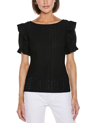 Belldini Women's Knit Eyelet Ruffle Sleeve Top