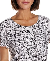 Belldini Women's Printed Eyelet Tie Front Knit Top