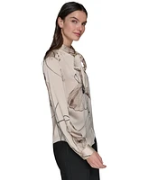 Karl Lagerfeld Paris Women's Printed Satin Tie-Neck Blouse