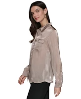 Karl Lagerfeld Paris Women's Mixed-Media Button-Front Blouse