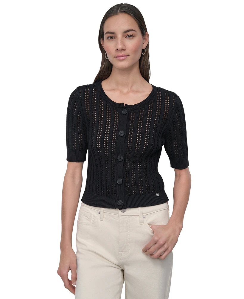 Dkny Jeans Women's Crewneck Short-Sleeve Cardigan Cable Pointelle Sweater - BLK