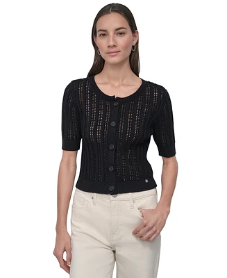 Dkny Jeans Women's Crewneck Short-Sleeve Cardigan Cable Pointelle Sweater - BLK