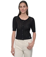 Dkny Jeans Women's Crewneck Short-Sleeve Cardigan Cable Pointelle Sweater - BLK