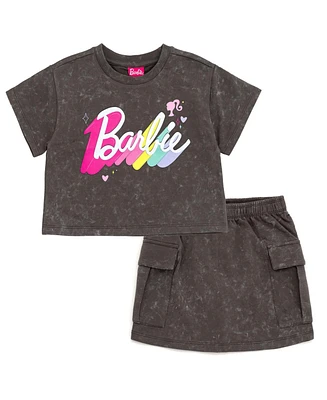 Barbie Girls French Terry Cropped Drop Shoulder T-Shirt and Skirt Outfit Set