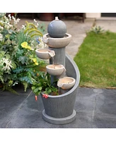 LuxenHome Gray Resin Spiral Sculpture with Bubbler 5-Tier Outdoor Fountain with Lights