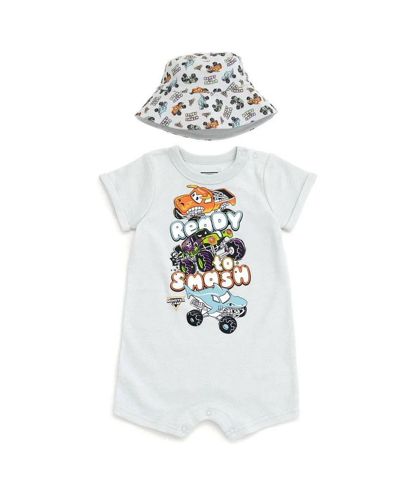 Monster Jam Toddler Boys Romper and Bucket Sun Hat Outfit Set