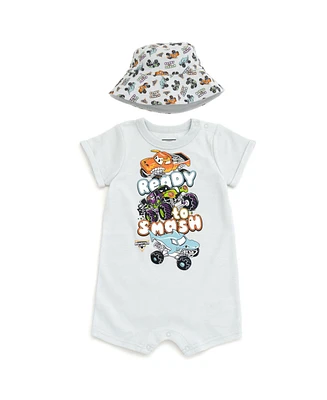 Monster Jam Toddler Boys Romper and Bucket Sun Hat Outfit Set