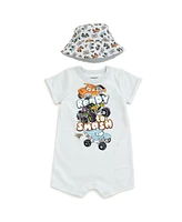 Monster Jam Toddler Boys Romper and Bucket Sun Hat Outfit Set