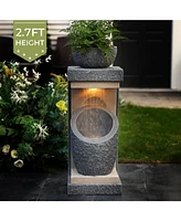 LuxenHome Gray Resin Column and Bowl Sculpture Outdoor Fountain with Lights