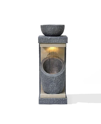 LuxenHome Gray Resin Column and Bowl Sculpture Outdoor Fountain with Lights
