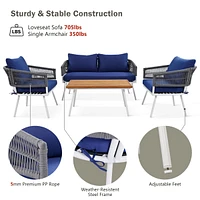 Outdoor 4-Piece Boho Rope Patio Furniture Set with Acacia Wood Table, Patio Conversation Set with Deep Seating & Thick Cushion