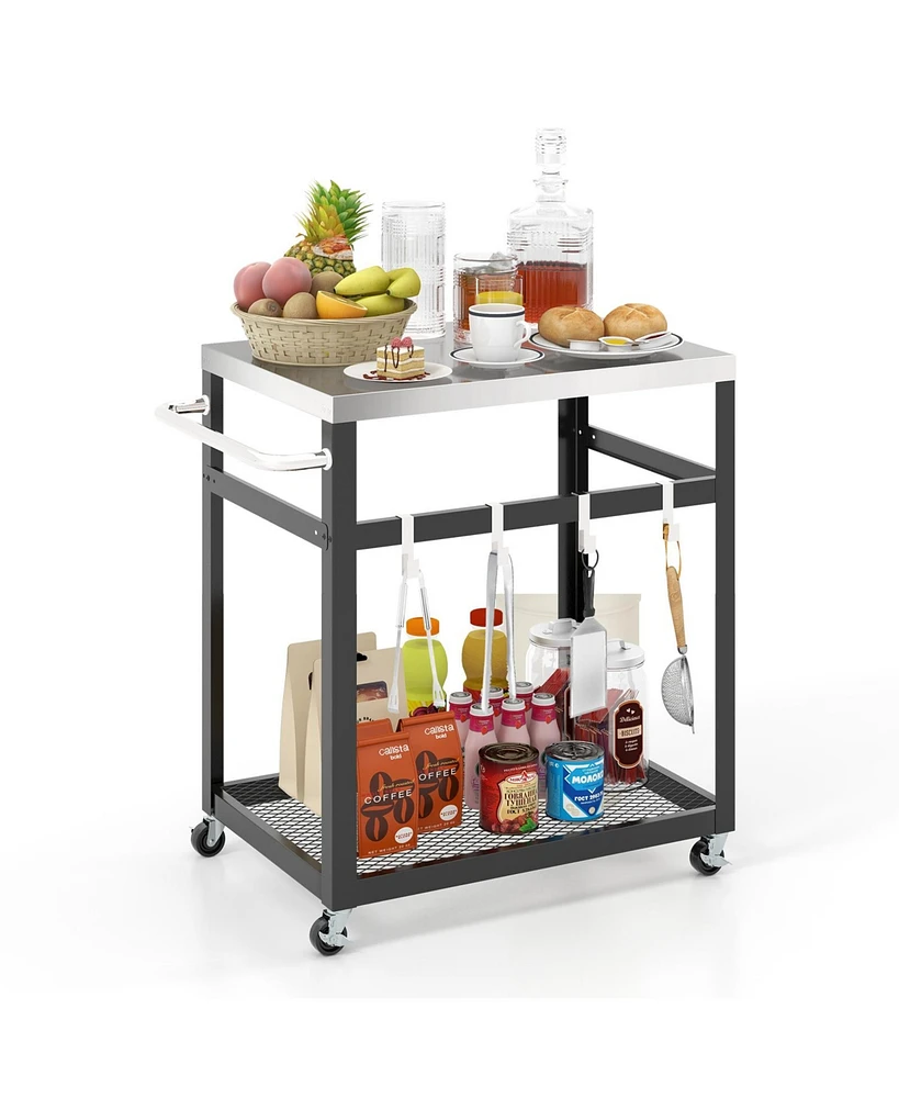 2-Tier Stainless Steel Grill Cart with 4 Hooks and Wheels Bbq Table