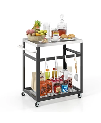 2-Tier Stainless Steel Grill Cart with 4 Hooks and Wheels Bbq Table